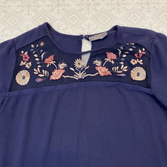 Yessica Embroidered Mesh Yoke Bell Sleeve Blouse Women EUR 38 M Navy Blue Boho - Picture 3 of 10